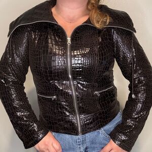 JUST B Dark Chocolate Brown Light Weight Crocodile‎ Print Faux Leather Jacket M